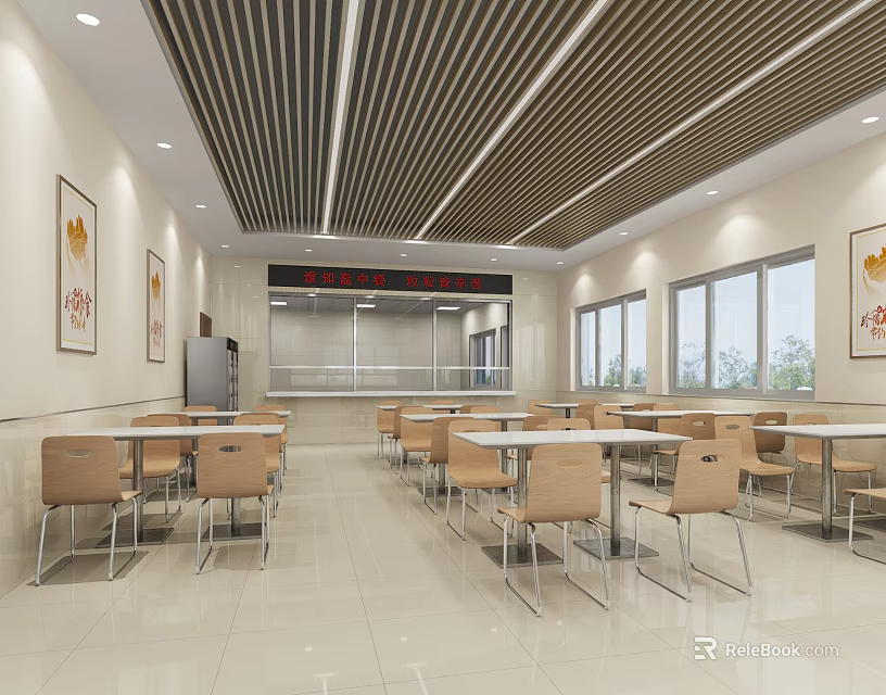 Spacious Cafeteria Interior With Wooden Slat Ceiling Tables Chairs And Large Windows 3d model 