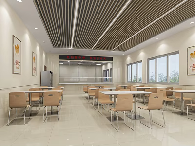 Spacious Cafeteria Interior With Wooden Slat Ceiling Tables Chairs And Large Windows 3d model