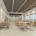 Spacious Cafeteria Interior With Wooden Slat Ceiling Tables Chairs And Large Windows