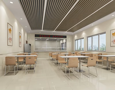 Spacious Cafeteria Interior With Wooden Slat Ceiling Tables Chairs And Large Windows 3d model