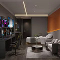 Modern Hotel Room Interior With Gaming Setup Orange Accent Wall Bed And Sofa 3d model