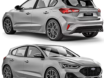 Silver Ford Focus Hatchback Sporty Design With Alloy Wheels Rear Front Views 3d model