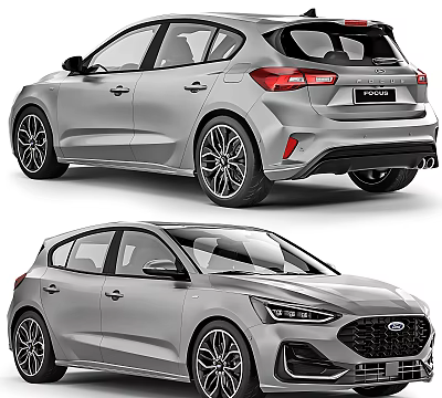 Silver Ford Focus Hatchback Sporty Design With Alloy Wheels Rear Front Views 3d model