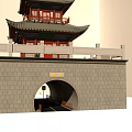 Ancient Chinese Architecture Two Story Tower With Traditional Overhanging Eaves Stone Base And Arched Gateways