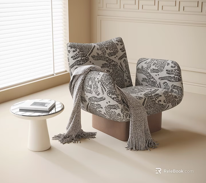Accent Chair With Animal Print Pattern Throw Blanket And Side Table In Bright Room 3d model 