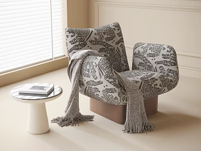 Accent Chair With Animal Print Pattern Throw Blanket And Side Table In Bright Room 3d model
