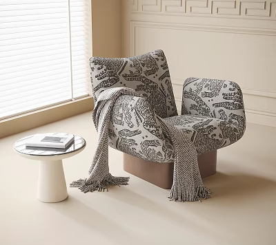 Accent Chair With Animal Print Pattern Throw Blanket And Side Table In Bright Room 3d model
