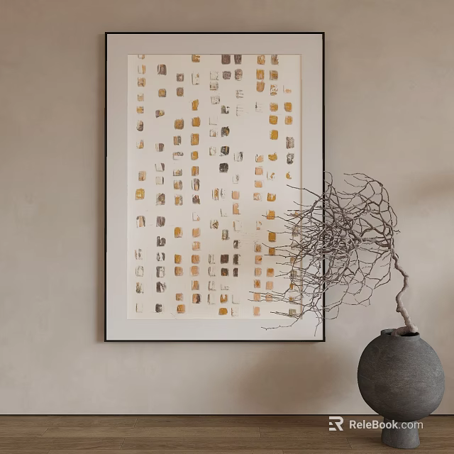 Abstract Painting With Neutral Tones On Wall Near Decorative Branch 3d model 