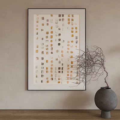 Abstract Painting With Neutral Tones On Wall Near Decorative Branch 3d model