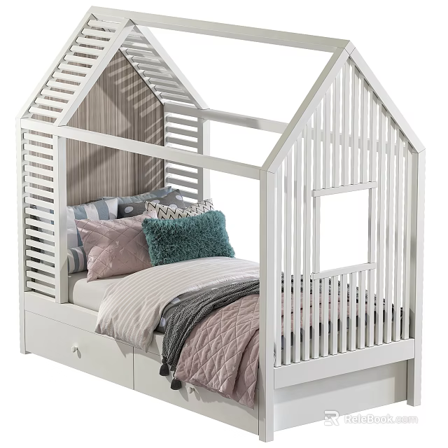 White House Shaped Kids Bed With Window Detail Storage Drawers And Colorful Pillows 3d model 