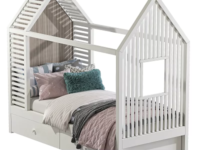 White House Shaped Kids Bed With Window Detail Storage Drawers And Colorful Pillows 3d model