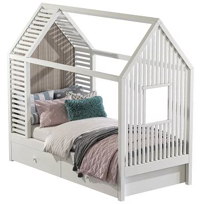 White House Shaped Kids Bed With Window Detail Storage Drawers And Colorful Pillows 3d model