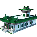 Traditional Ancient Chinese Architecture With Green Roof Overhanging Eaves Red Columns And Green Windows
