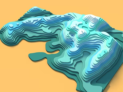 Layered Textured Park Landscape With Blue Teal Wavy Terrain And Orange Background 3d model