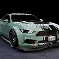 Green Ford Mustang Sports Car With Black Racing Stripes Large Wheels And Red Calipers