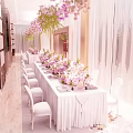 Elegant Banquet Hall Decoration With Long Dining Table White Chairs And Pink Floral Arrangements