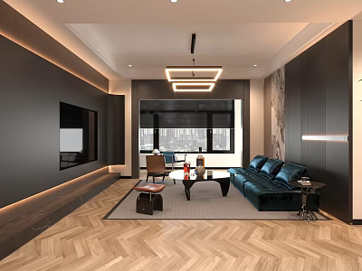 Modern Living and Dining Room Interior Design With Blue Sofa Coffee Table And Wooden Floor 3d model