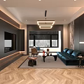 Modern Living and Dining Room Interior Design With Blue Sofa Coffee Table And Wooden Floor