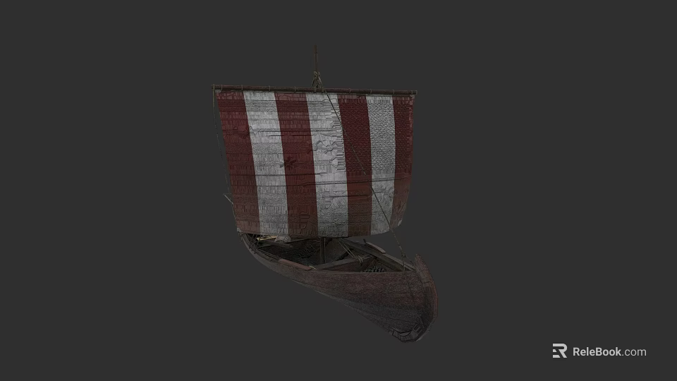Traditional Wooden Boat With Red And White Striped Sail And Classic Design 3d model 