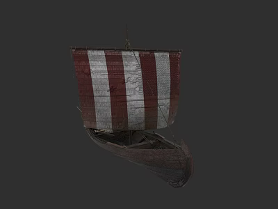 Traditional Wooden Boat With Red And White Striped Sail And Classic Design 3d model
