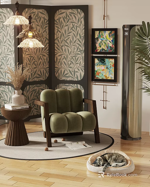Green Velvet Accent Chair with Wooden Arms Decorative Wall Artwork and Side Table in Interior 3d model 