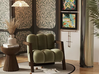 Green Velvet Accent Chair with Wooden Arms Decorative Wall Artwork and Side Table in Interior 3d model