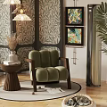 Green Velvet Accent Chair with Wooden Arms Decorative Wall Artwork and Side Table in Interior