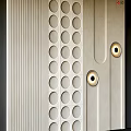 Modern Textured Wall Design With Circular Cutouts Vertical Stripes And Recessed Lights