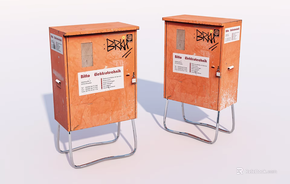 Industrial Equipment Orange Metal Enclosures With Electrical Installations Graffiti And Metal Stands 3d model 