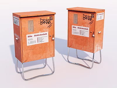 Industrial Equipment Orange Metal Enclosures With Electrical Installations Graffiti And Metal Stands 3d model