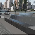Modern Urban Landscape Seats With Metal Backrests Concrete Base And Waterfront View