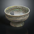 Ancient Bronze Bowl With Carved Design Broken Part And Decorative Base