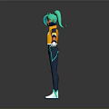 3D Character With Green Hair Ponytail Arms Outstretched Orange White Top Blue Pants White Gloves