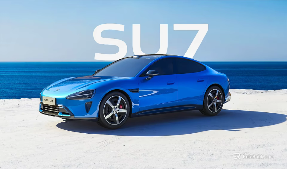 Blue SU7 Car Parked On Seaside Beach With Ocean View And Clear Sky 3d model 