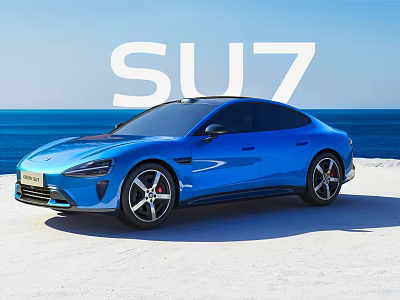 Blue SU7 Car Parked On Seaside Beach With Ocean View And Clear Sky 3d model