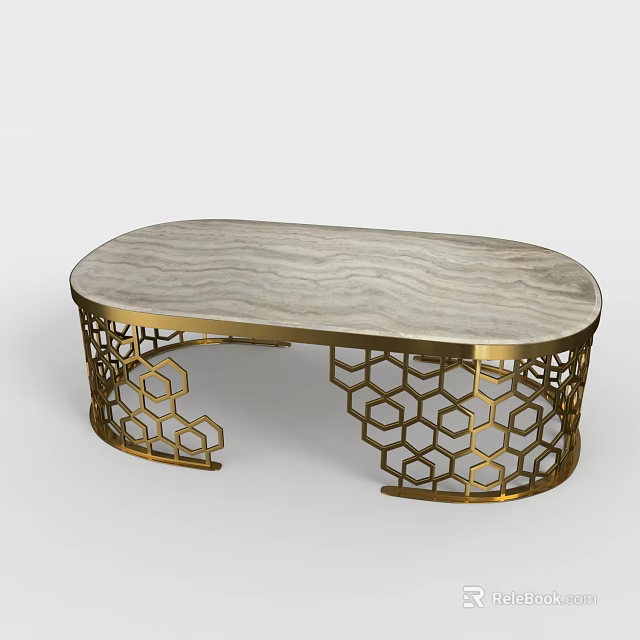 Modern Oval Coffee Table With Marble Top And Golden Hexagonal Hollow Frame 3d model 