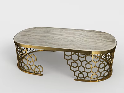 Modern Oval Coffee Table With Marble Top And Golden Hexagonal Hollow Frame 3d model
