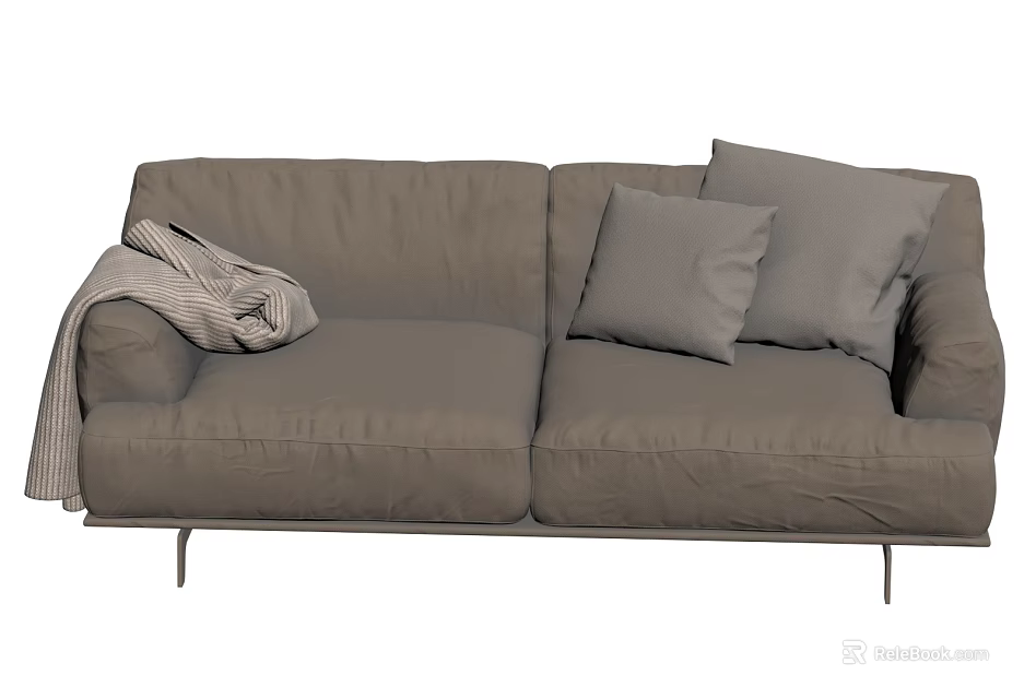 Modern Gray Two Seater Sofa With Soft Pillows And Cozy Throw Blanket 3d model