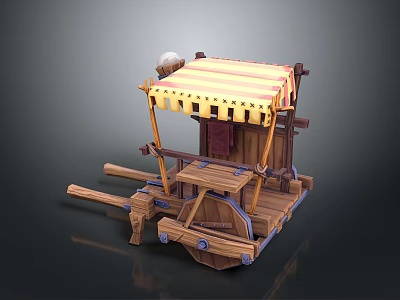 Wooden Cart Building With Yellow And White Striped Awning And Wooden Support Beams 3d model