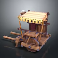 Wooden Cart Building With Yellow And White Striped Awning And Wooden Support Beams