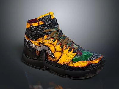 High Top Sneakers Yellow And Black Colorful Design With Detailed Patterns For Daily Wear 3d model