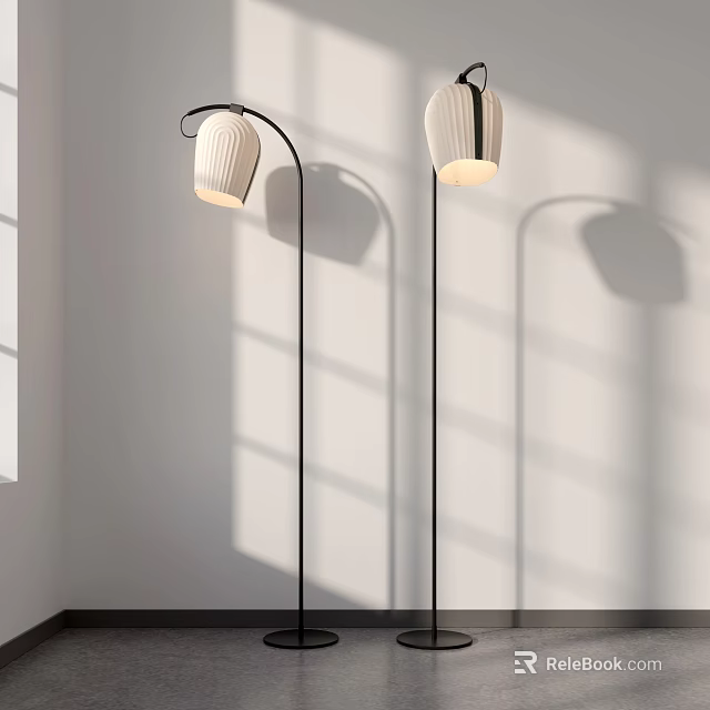 Modern Floor Lamp Design With White Lampshade Black Metal Stand And Soft Shadow Effects 3d model 