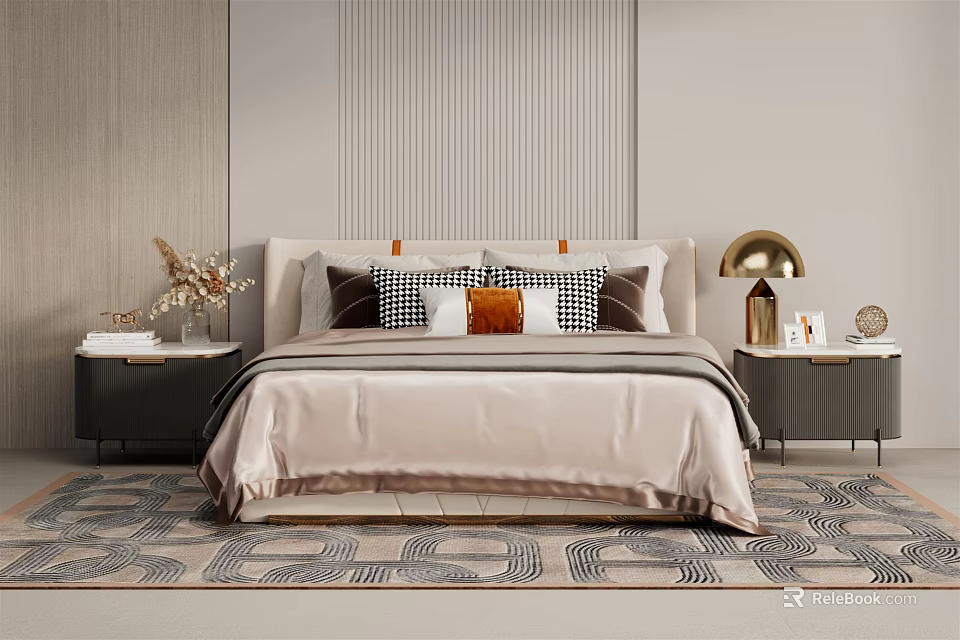Modern Elegant Double Bed with Plush Bedding Decorative Pillows Side Nightstands and Table Lamp 3d model