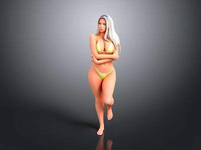Woman in yellow bikini long white hair crossed arms one leg lifted gray black background 3d model