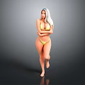 Woman in yellow bikini long white hair crossed arms one leg lifted gray black background