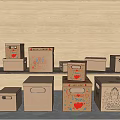 Decorative Cardboard Boxes With Diverse Patterns On Woven Wall And Gray Floor 3d model