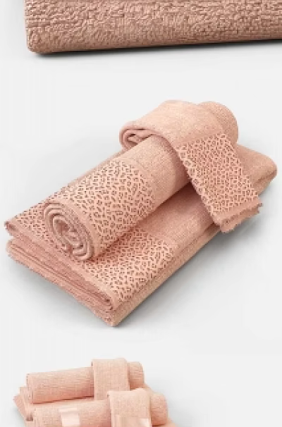 Soft Textured Pink Cotton Towels with Different Sizes Stacked in Bathroom Set 3d model