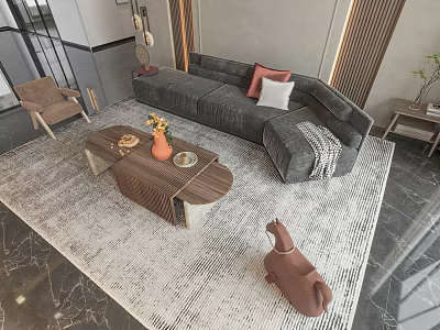 Modern L shaped Sofa Coffee Table Set With Wooden Top Accent Pillows And Area Rug 3d model