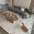 Modern L shaped Sofa Coffee Table Set With Wooden Top Accent Pillows And Area Rug
