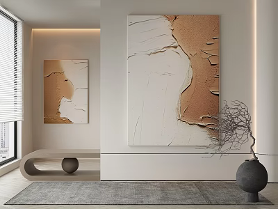 Textured Abstract Paintings In Beige And White Tones For Modern Living Room Interior 3d model